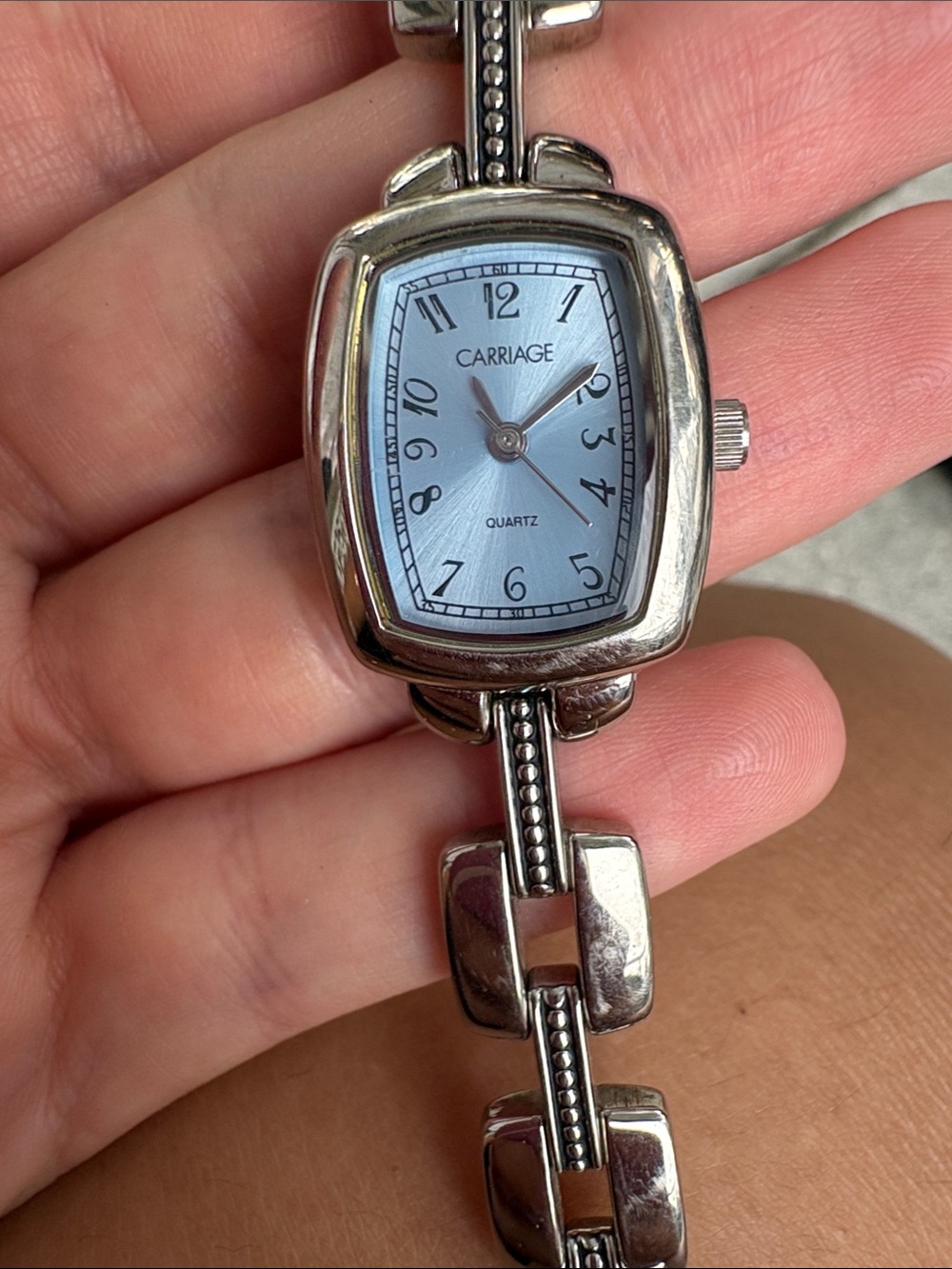 Carriage Watch Women OS Silver Excellent Tonneau Blue Dial Link Bracelet Quartz